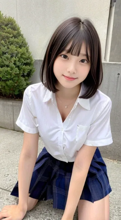 Japanese junior high school girls, Young face,Baby Face,  19 years old,The whole body is visible,Beautiful thighs,Pause,Short Bob Hair,Has bangs,White shirt, navy checkered skirt,On all fours, Protruding buttocks, Small breasts, open front shirt, Cleavage ...