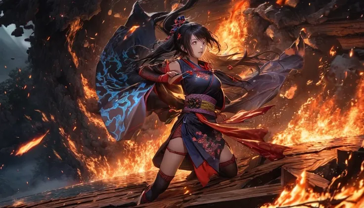 A lovely ninja, wide-eyed and a little singed, has just survived a violent explosion. She is floating on her back on choppy water along with some debris, in the middle of the night. The scene is lit by a raging fire nearby. The ninjas outfit is skillfully ...