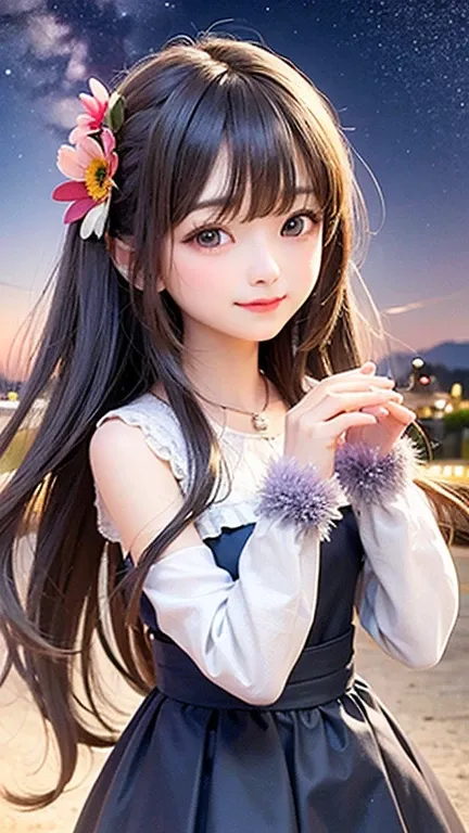 (highest quality, masterpiece), One girl, Pause, particle, Wind, flower, Upper Body, Simple Background, View your viewers, , Milky Way,smile、Silver Long Hair、Twin taililky way、Crescent Moon