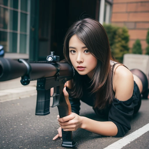 Generated in SFW, masterpiece, highest quality, Anatomically correct, Very detailed, Lying in the city、(Aiming at a target with a high-powered rifle in each hand:1.2)、A dignified and courageous beauty, (Place the stock firmly on your left shoulder)、Stare i...