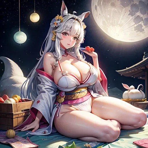 Lunar Surface、Rabbit、girl、picnic、Camel Toe、Giant tit、Nipple Puffs、Cleavage、Plump、Super big breasts、Super big butt、Fairy tale、Princess Kaguya、kimono、kimono、Twelve-layered kimono