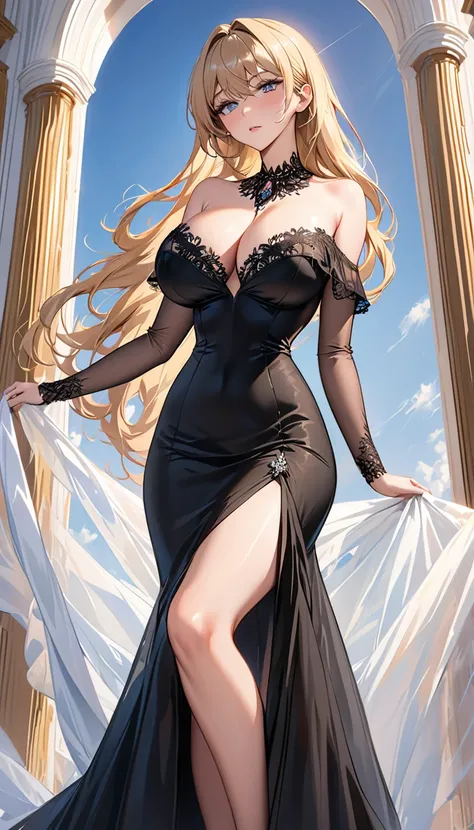 masterpiece:1.4,best-quality,Super Detail,Very Delicate and Beautiful, (( nsfw, low angle shot, The worlds most slutty woman )), elegant black gown, off-shoulder, blonde long hair, very gigantic breasts, cleavage, very slender, perfect face