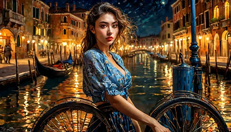 A young woman drawing、serious Face、Deep shadows、Oil painting style、Venice night scene background、close up、 Dramatic Lighting, Extremely true, 8k, Crazy details, Wheels within wheels, Bokeh, Shot with a 60mm lens, ISO 300, F/4, 1/200th, Bright colors, Pino ...