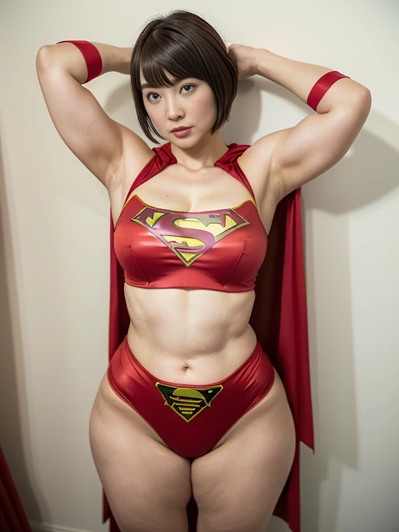 ((Great quality,Great quality,high quality, very beautiful,beautiful, 最high quality, Realistic)) ,(Open Stance,Show your armpits),((Dressing up as Supergirl, Red costume,Cape)),((stomach cutout )),(Light brown hair,blunt bangs, pixie cut, 太くてbeautiful眉),De...