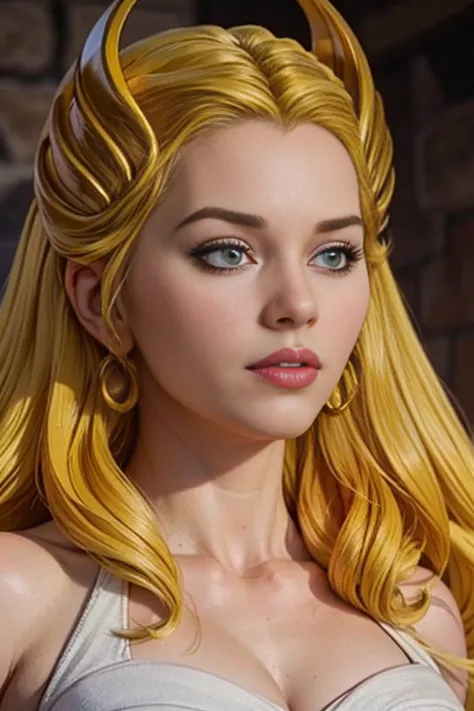 score_9, score_8_up, score_7_up, score_6_up, score_5_up, 1girl, she-ra, game of thrones, tight white dress, cleavage, blonde hai...