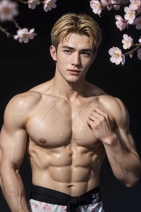 (Reality: 1.2, top quality, 8k, wet: 1.3), (man, Put your hands on your chest), 20-year-old blonde Ukrainian bodybuilder, actor, Cherry blossom pattern yukata, Black lingerie, (Sweat: 1.2), Delicate skin, (Movie Lighting, chest hair, Arm hair), Soft Light,...