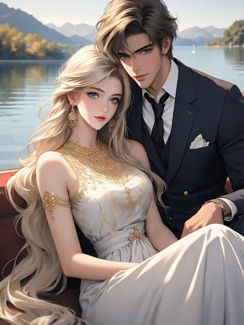 A magical lake. A tall, handsome, statuesque, courageous young man with long platinum hair, blue eyes, tanned skin is sitting on the shore of a lake, he is dressed in an antique white shirt and dark trousers, next to him sits an incredibly beautiful young ...