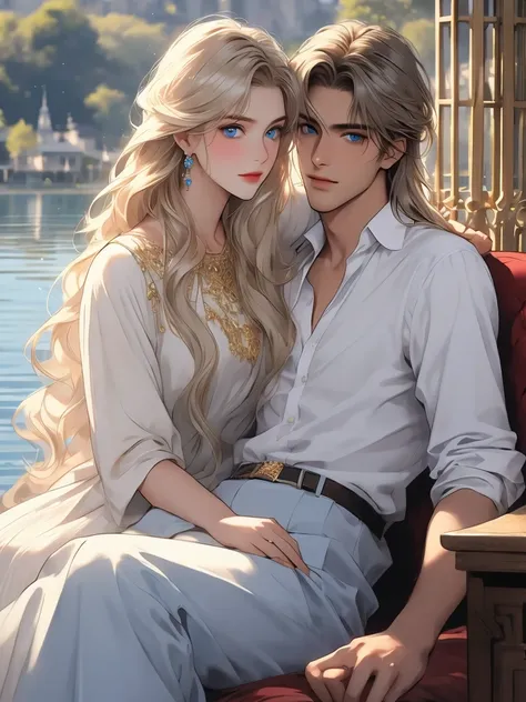 A magical lake. A tall, handsome, statuesque, courageous young man with long platinum hair, blue eyes, tanned skin is sitting on the shore of a lake, he is dressed in an antique white shirt and dark trousers, next to him sits an incredibly beautiful young ...