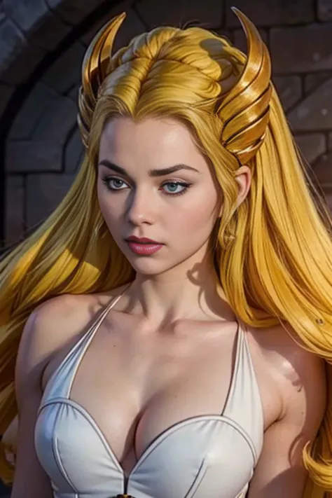 score_9, score_8_up, score_7_up, score_6_up, score_5_up, 1girl, she-ra, game of thrones, tight white dress, cleavage, blonde hai...