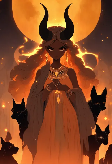 a woman with horns and a dress holding two dogs, egyptian art by Andrée Ruellan, trending on cgsociety, fantasy art, jen bartel, goddess art, cosmic goddess, ancient goddess, celestial goddess, hecate goddess, moon goddess, art contest winner on behance, m...