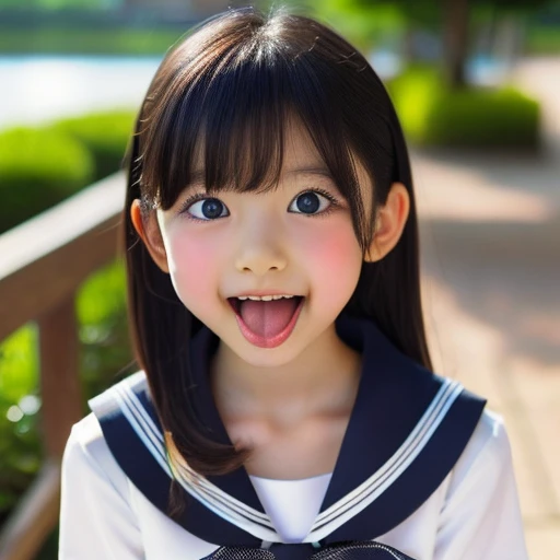 Japanese,10 years old,Innocent Profile,look up,Please open your mouth wide,Sticking out tongue,Showing tongue,cute,Summer sailor uniform,Summer clothes,Shortcuts