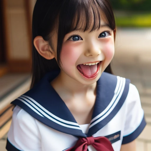 Japanese,10 years old,Innocent Profile,look up,Please open your mouth wide,Sticking out tongue,Showing tongue,cute,Summer sailor uniform,Summer clothes,Shortcuts