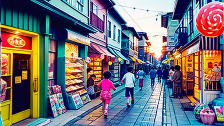 Candy shop、Sunset on 3rd Street、Children playing with a spinning top、Parents and children playing with kites、Children playing with menko、Children shopping at a candy store、Old Japanese tiled house、Scene of children playing、A crowd of children playing in fr...