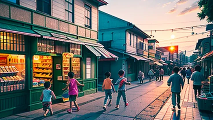 Candy shop、Sunset on 3rd Street、Children playing with a spinning top、Parents and children playing with kites、Children playing with menko、Children shopping at a candy store、Old Japanese tiled house、Scene of children playing、A crowd of children playing in fr...