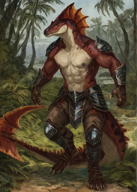 Spinosaurus, comic book style, illustration, solo, abs, ferocious, male, [[badass pose]], nipples, masterpiece, best art, full body, plantigrade, by oouna, armor, detailed eyes, detailed fur, claws, detailed tail, masculine body shape, prehistoric, tall, t...