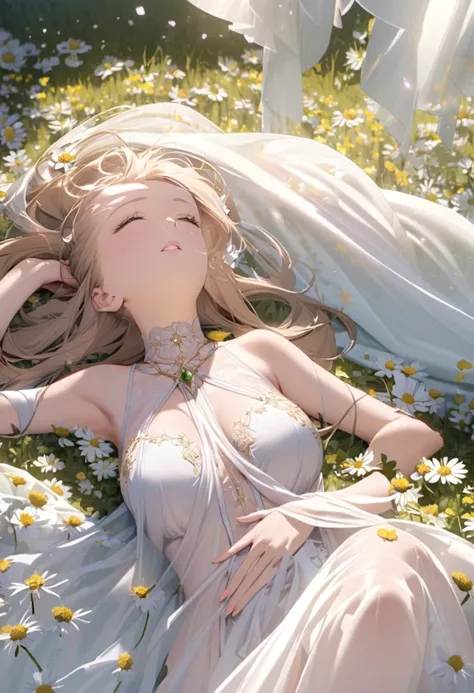 A goddess is floating over the ground, she is dressed in sheer delicate silks, she is the light source emitting a gentle divine radiance, she is relaxing in a field of flowers