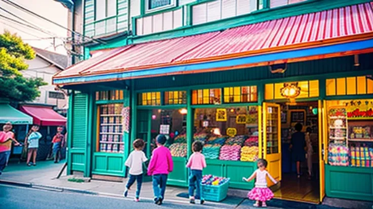 Candy shop、Sunset on 3rd Street、Children playing with a spinning top、Parents and children playing with kites、Children playing with menko、Children shopping at a candy store、Old Japanese tiled house、Scene of children playing、A crowd of children playing in fr...