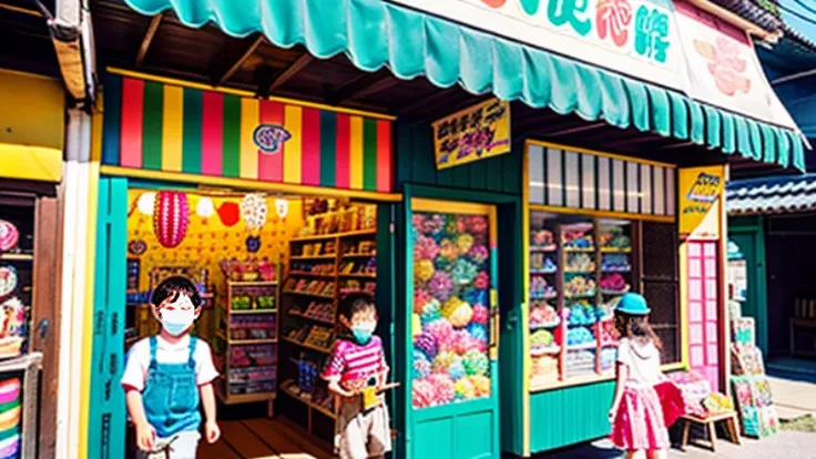 Candy shop、Sunset on 3rd Street、Children playing with a spinning top、Parents and children playing with kites、Children playing with menko、Children shopping at a candy store、Old Japanese tiled house、Scene of children playing、A crowd of children playing in fr...