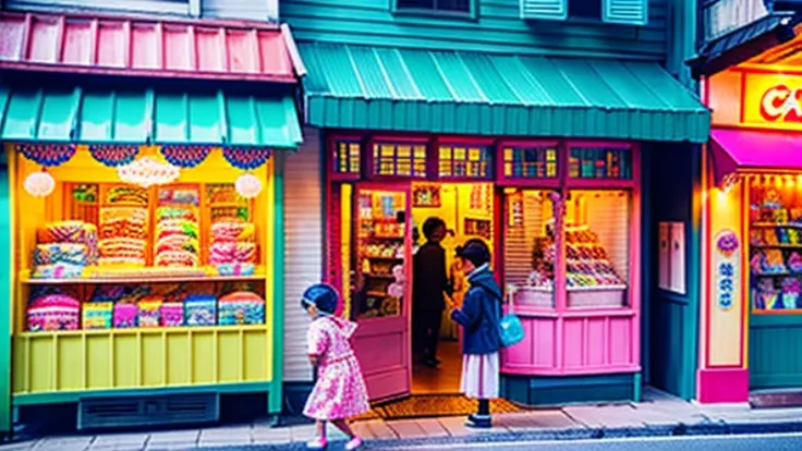 Candy shop、Sunset on 3rd Street、Children playing with a spinning top、Parents and children playing with kites、Children playing with menko、Children shopping at a candy store、Old Japanese tiled house、Scene of children playing、A crowd of children playing in fr...