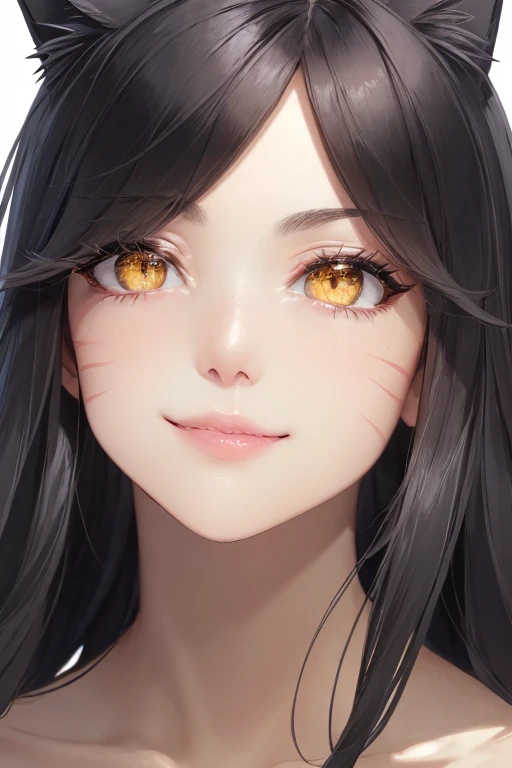 ah1, facial mark, bare shoulders, cleavage, black hair, golden eyes, fox ears, smile with teeth, red marks on face, close-up