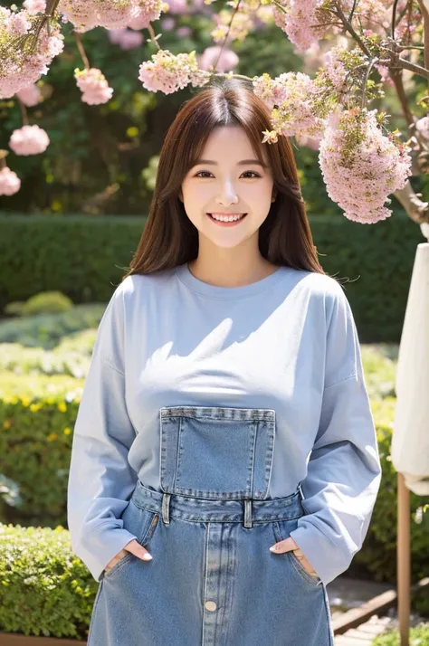 ((highest quality)), ((masterpiece)), (be familiar with), Perfect Face, Japanese women,Big eyes, round face, smiling face,Large breasts,hairstyle semi long,(Long sleeve oversized T-shirt,jeans),whole body,(Outdoor,sunny,garden)