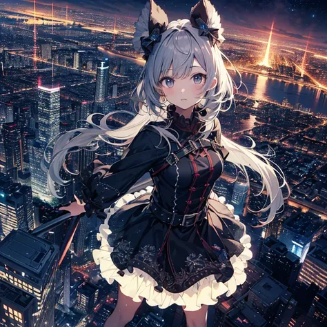 ultra detailed game CG, (High resolution:1.1),(absurderes:1.1), 1girl in, , Solo, Simple Anime, nightcity, Overlooking the night view from a height