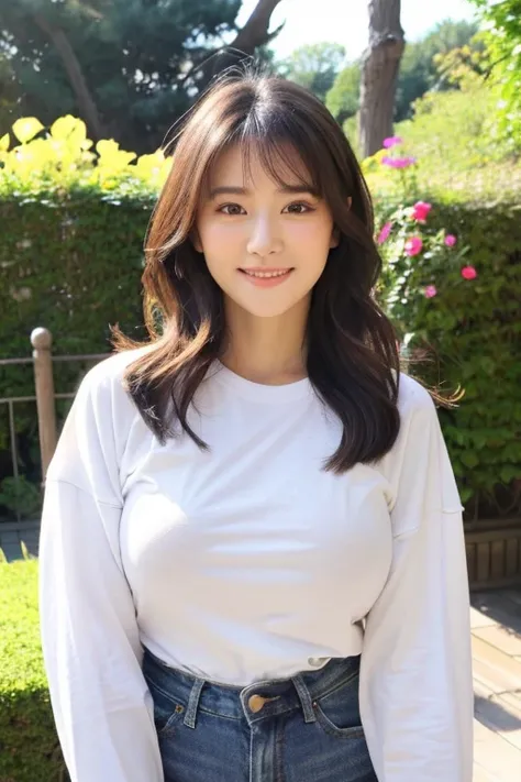 ((highest quality)), ((masterpiece)), (be familiar with), Perfect Face, Japanese women,Big eyes, round face, smiling face,Large breasts,hairstyle semi long,(Long sleeve oversized white T-shirt,Skinny jeans),whole body,(Outdoor,sunny,garden)