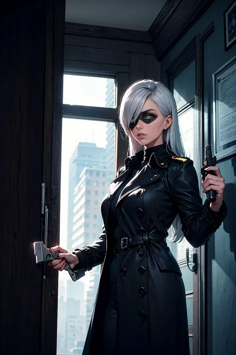 imagined a cartoon sexy milf whit silver hair and a eye patch on the left eye detective woman in a trench coat holding a revolver in 1950 black and white thriller movie, 50s, retro, spy movie, world war 2,