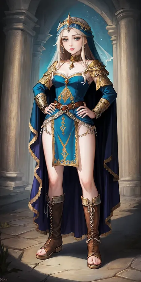 full body of a woman in a dress with a veil, feet together, standing feet together, military boots, beautiful fantasy maiden slave warrior, beautiful fantasy art portrait, fantasy Victorian art, medieval fantasy art, beautiful and elegant queen Roxxane, po...