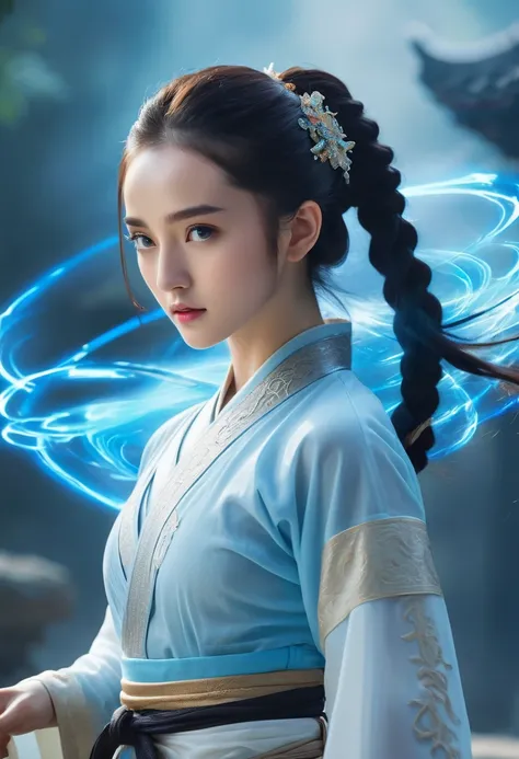 uhd, epic, cinematic still frame, sharp focus, craft a hyper realistic photo of most attractive and beautiful Wuxia girl (Dilraba Dilmurat), (beautiful face)、(((1 juvenile，full bodyesbian，tear-mole:)))full bodyesbian，Sharp eyes，Clear facial features，wearin...