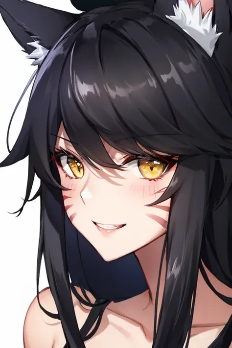 ah1, facial mark, bare shoulders, cleavage, black hair, yellow eyes, fox ears, smile with teeth, red marks on face, close-up