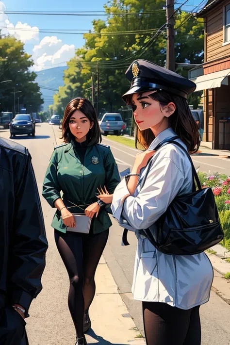 A group of police officers escorting two men and one woman walking towards a police car, rural atmosphere

Best quality, ultra-detailed, realistic, HDR, vivid colors, studio lighting, picturesque 

Police officers, detailed uniforms, stern expressions, con...