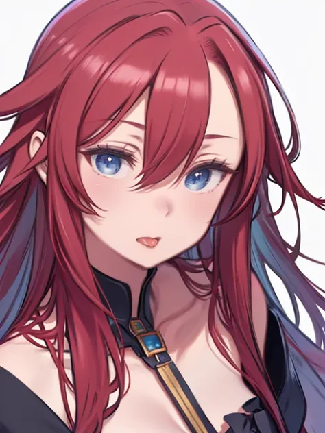 masterpiece、highest quality、High resolution、Very detailed、Close-up of face、Mature Woman、(aty, long hair, blue eyes, red hair、Hair between the eyes)、clavicle、((((Mouth wide open))))、tongue、Angle from above、Watching the audience、