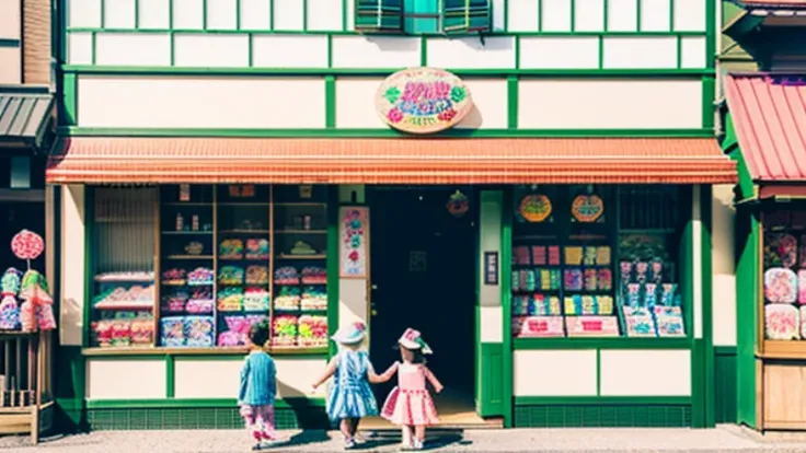 戦後のJapan candy shop、Sunset on 3rd Street、Children playing with a spinning top、Parents and children playing with kites、Children playing with menko、Children shopping at a candy store、Old Japanese tiled house、Scene of children playing、A crowd of children play...