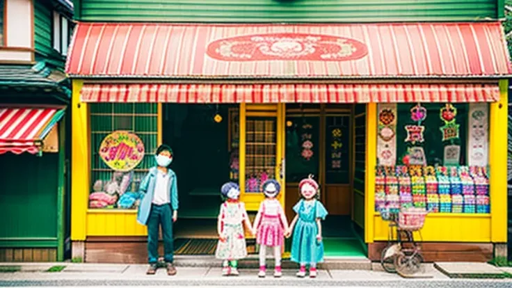 戦後のJapan candy shop、Sunset on 3rd Street、Children playing with a spinning top、Parents and children playing with kites、Children playing with menko、Children shopping at a candy store、Old Japanese tiled house、Scene of children playing、A crowd of children play...