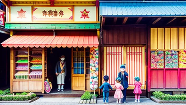 戦後のJapan candy shop、Sunset on 3rd Street、Children playing with a spinning top、Parents and children playing with kites、Children playing with menko、Children shopping at a candy store、Old Japanese tiled house、Scene of children playing、A crowd of children play...