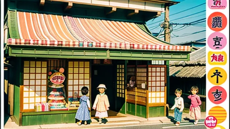 戦後のJapan candy shop、Sunset on 3rd Street、Children playing with a spinning top、Parents and children playing with kites、Children playing with menko、Children shopping at a candy store、Old Japanese tiled house、Scene of children playing、A crowd of children play...