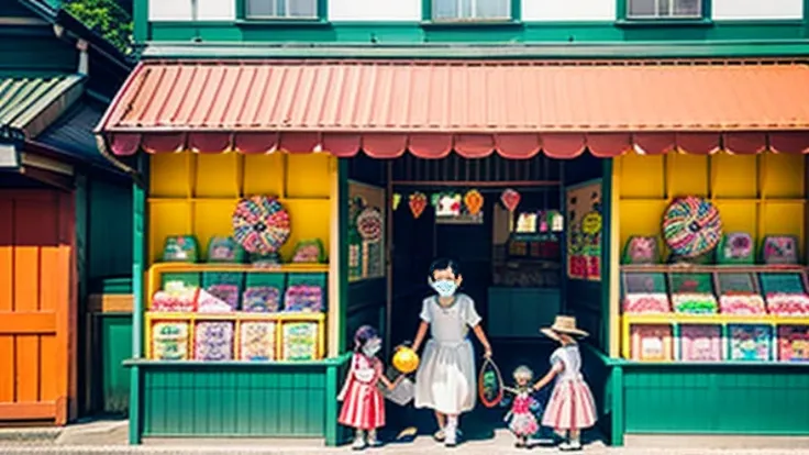 戦後のJapan candy shop、Sunset on 3rd Street、Children playing with a spinning top、Parents and children playing with kites、Children playing with menko、Children shopping at a candy store、Old Japanese tiled house、Scene of children playing、A crowd of children play...