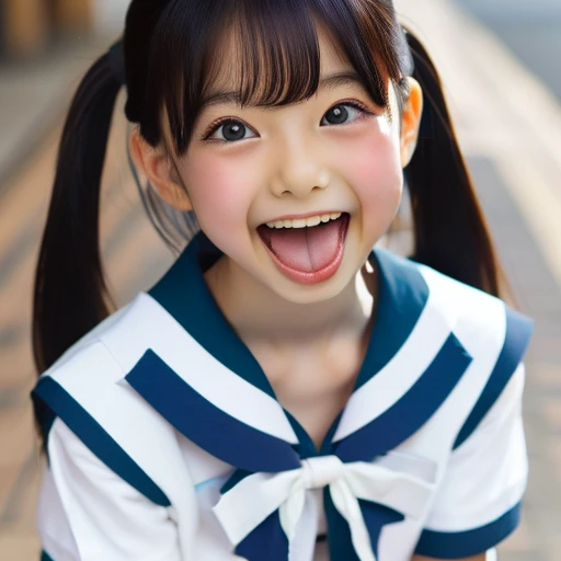 Japanese,10 years old,Twin tails,Knee-high socks,look up,Please open your mouth wide,Sticking out tongue,Showing tongue,cute,Summer sailor uniform,Sitting