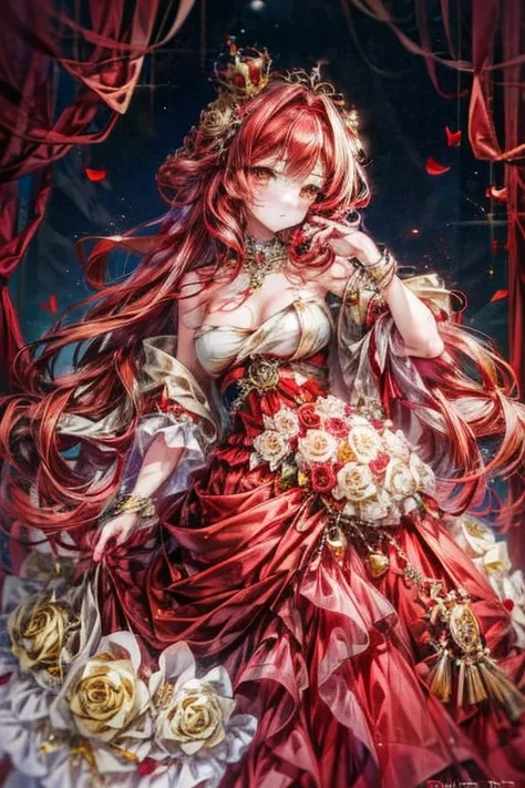 (masterpiece, best quality, expressive eyes, perfect face), (anime), 1girl, red hair, yellow eyes, red gold dress, rose hair ornament, long hair, crown braid, golden crown