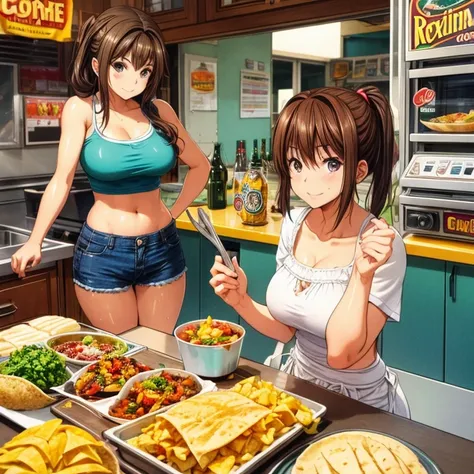 Mexican woman cooking tacos and tortillas at a Mexican food stall　A female friend wearing shorts is sitting at the counter drinking a Corona beer.