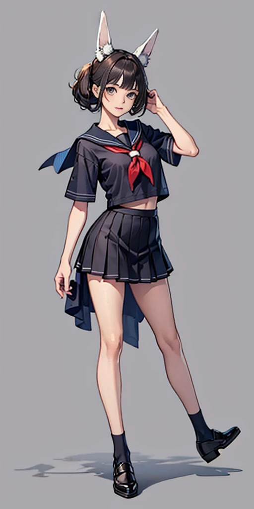 Beauty all over the body, Sailor suit, leather shoes, Stand head-on, a skirt, grey background