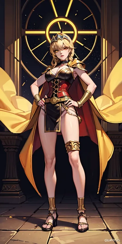 paladin lady in ornate golden armor, black collar, pauldrons, breastplate, corset, glowing halo, single braid, blonde, yellow glowing eyes, bright pupils, eye focus, red cape, temple indoors, stained glass windows, night, moonlight, particles, light beam, ...