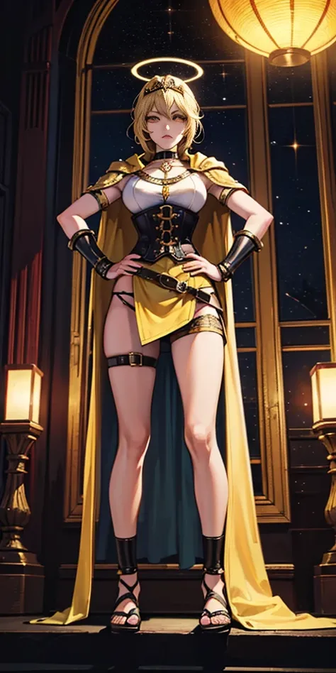 paladin lady in ornate golden armor, black collar, pauldrons, breastplate, corset, glowing halo, single braid, blonde, yellow glowing eyes, bright pupils, eye focus, red cape, temple indoors, stained glass windows, night, moonlight, particles, light beam, ...