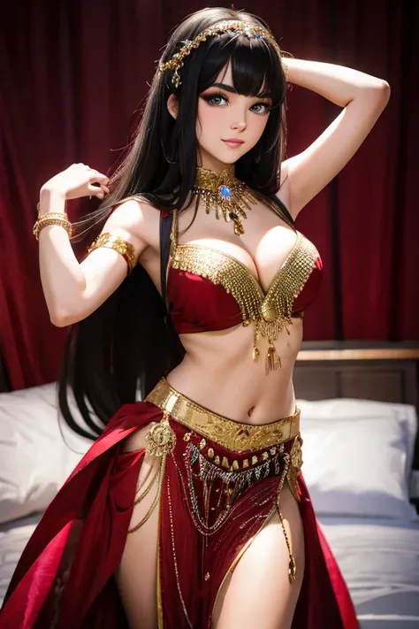 An incredibly beautiful young femme fatale with long black hair, purple eyes and long bangs, dressed in a beautiful red belly dancing costume. Masterpiece, perfect image, realistic shots, detailed study of the face, full-length image, 8k, detailed image. e...