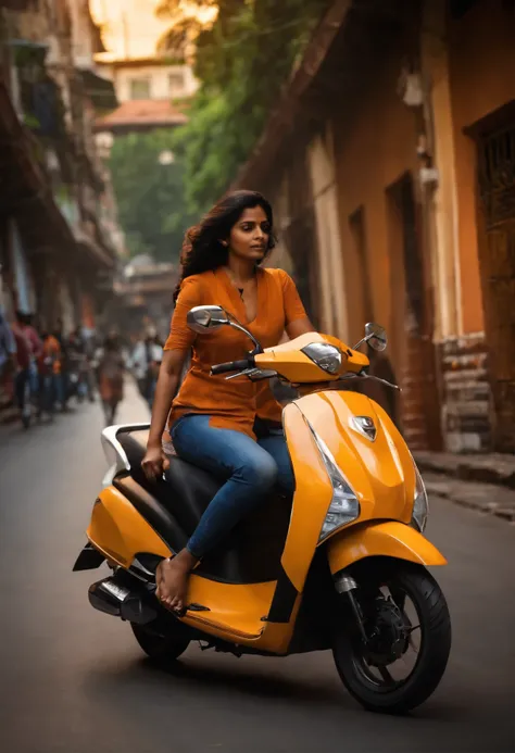 young Indian girl together with Indian middle age men, ridding honda active scooter