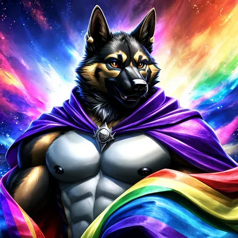 Black furred german shepherd with a bright and a flowing gay pride cape., altura completa, divino, sharp focus, renderizado de octanaje, HDR, atomspheric,