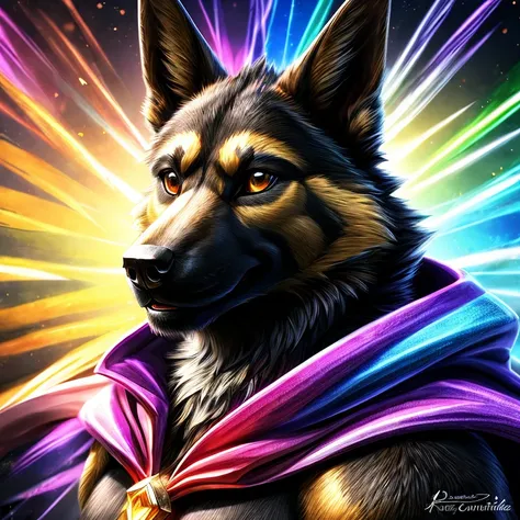 black furred german shepherd with a bright and a flowing gay pride cape., altura completa, divino, sharp focus, renderizado de o...