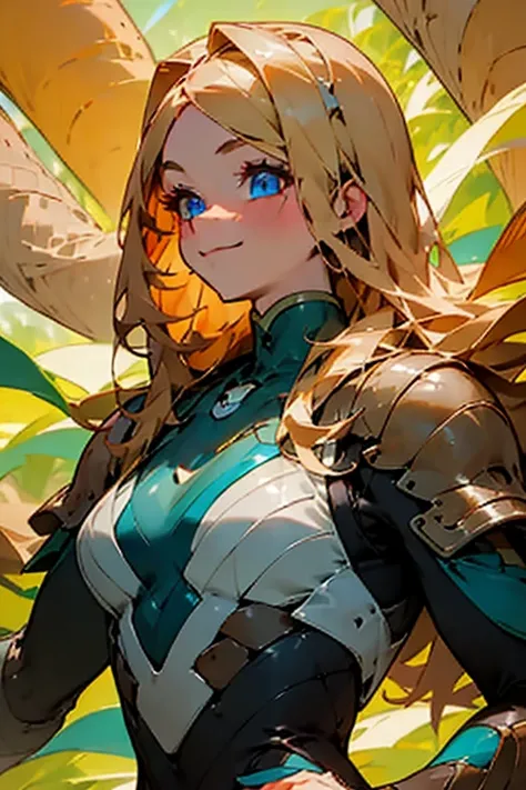 (best quality,ultra-detailed,highres:1.2), portraits, blonde, beautiful detailed long hair, tight-fitting clothes, joyful smile, bright blue eyes, well-proportioned body, highly detailed scales