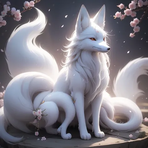 a white mystical fox, its coat shimmering with an ethereal glow, stands proudly before a blooming sakura tree. its body is adorn...